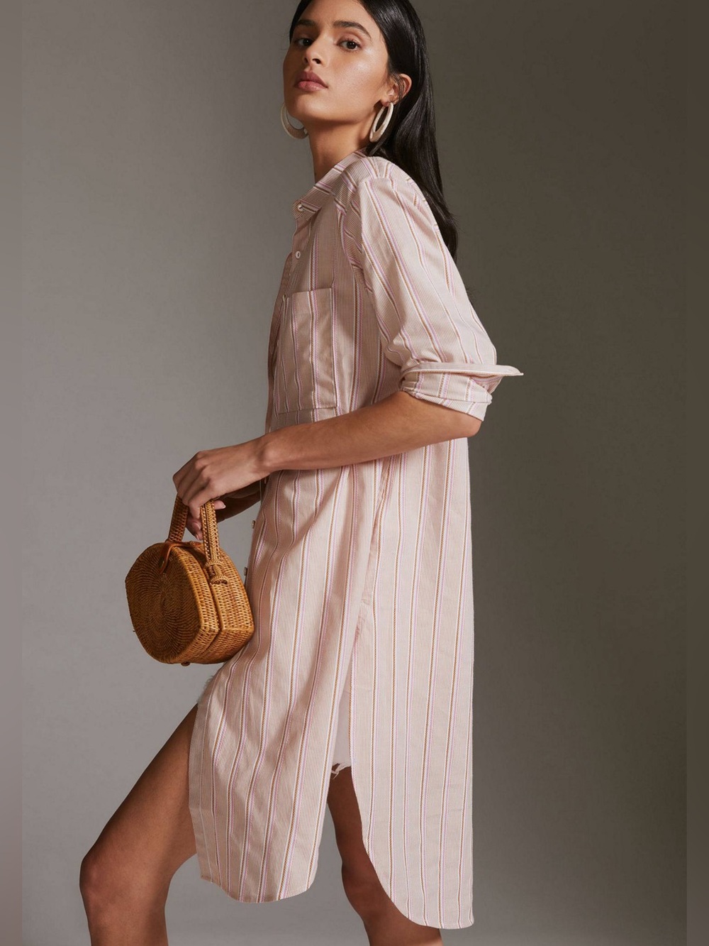 Anthropologie Striped Tunic Button Down Shirt/Dress Oversized Sz Medium